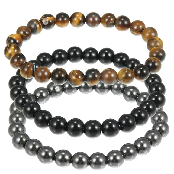 Vocoste Beaded Bracelet Stretch Elastic Adjustable Chakras Stones Bracelets for Men Women Titanium Tone Black 1Set