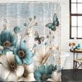 thumbnail image 2 of Teal Tulip Butterfly Shower Curtain, Waterproof Shower Curtains for Bathroom, Beige Turquoise Floral Farmhouse Blue Washable Fabric Bathtub Curtain Set Bath Decor with 12 Hooks 48"x72", 2 of 8