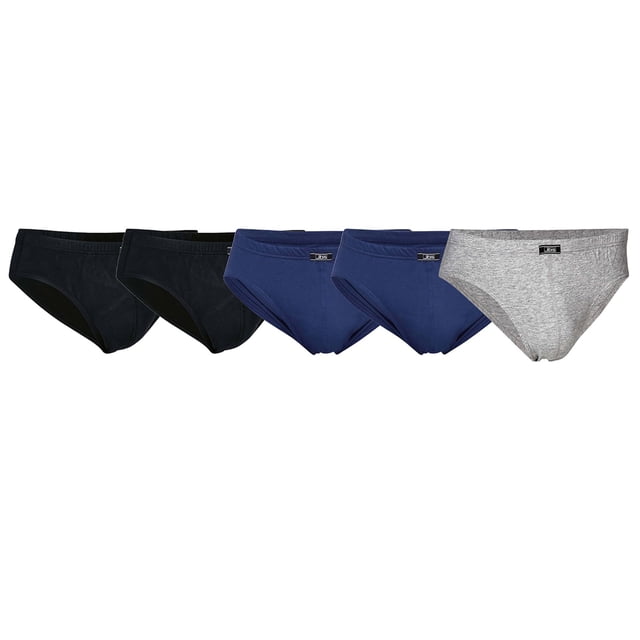 jbs calzoncillos para hombres, paquete de 5 - mini calzoncillos, de un solo jersey, algodón orgánico, color sólido negro/azul/gris 3xl (xxx-large) Paquete frontal de cinco mini calzoncillos JBS; diseño tipo brief de tiro bajo con cintura elástica cubierta, tejido de punto liso 100% algodón orgánico, tres piezas en negro y azul y una en gris jaspeado, etiqueta tejida frontal y sin mosca. Fondo blanco neutro; también suelen usarse como ropa interior de viaje por su tamaño compacto.