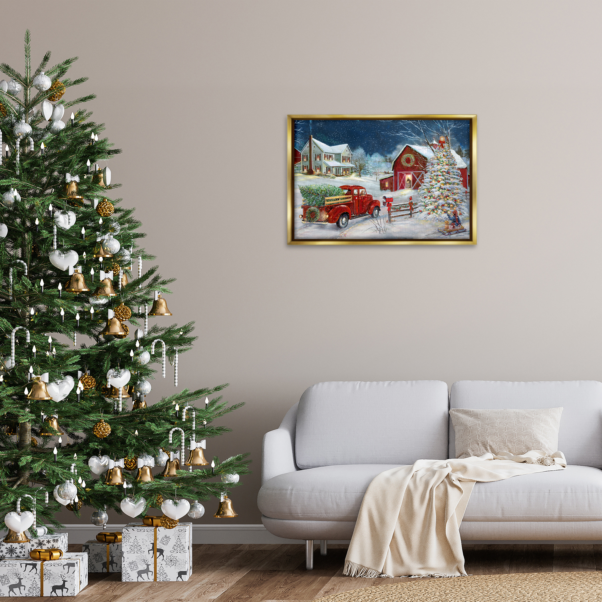 Stupell Industries Snowy Winter Farmhouse Holiday Painting Gold Floater Framed Canvas Art Prints Wall Art, 31 x 21