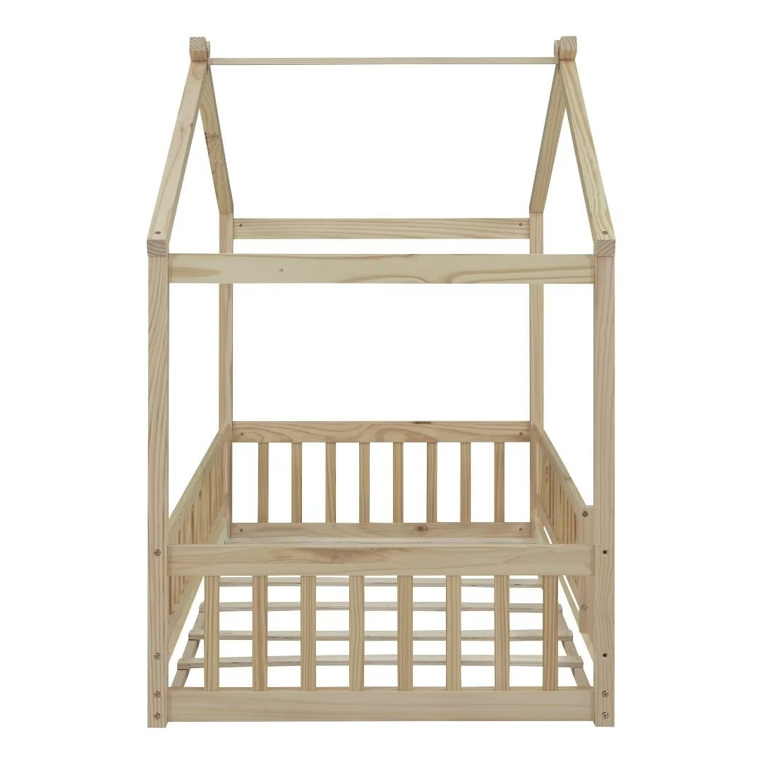Twin Size Bed Frame, Wooden Montessori House Bed with Roof and Safety Guardrail, Natural