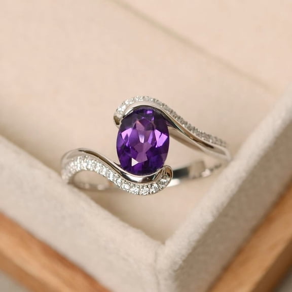 natural amethyst ring purple gemstone promise ring cushion cut February birthstone ring silver ring