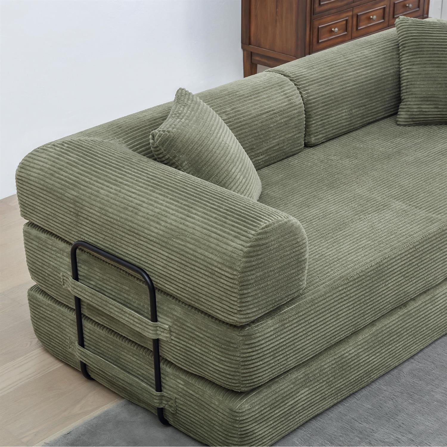 Demi Bonn 77" Convertible Sleeper Sofa Bed, Corduroy Foldable Mattress Couch with Cylindrical Pillow & Fixed Frame for Living Room, Bedroom, Light Green