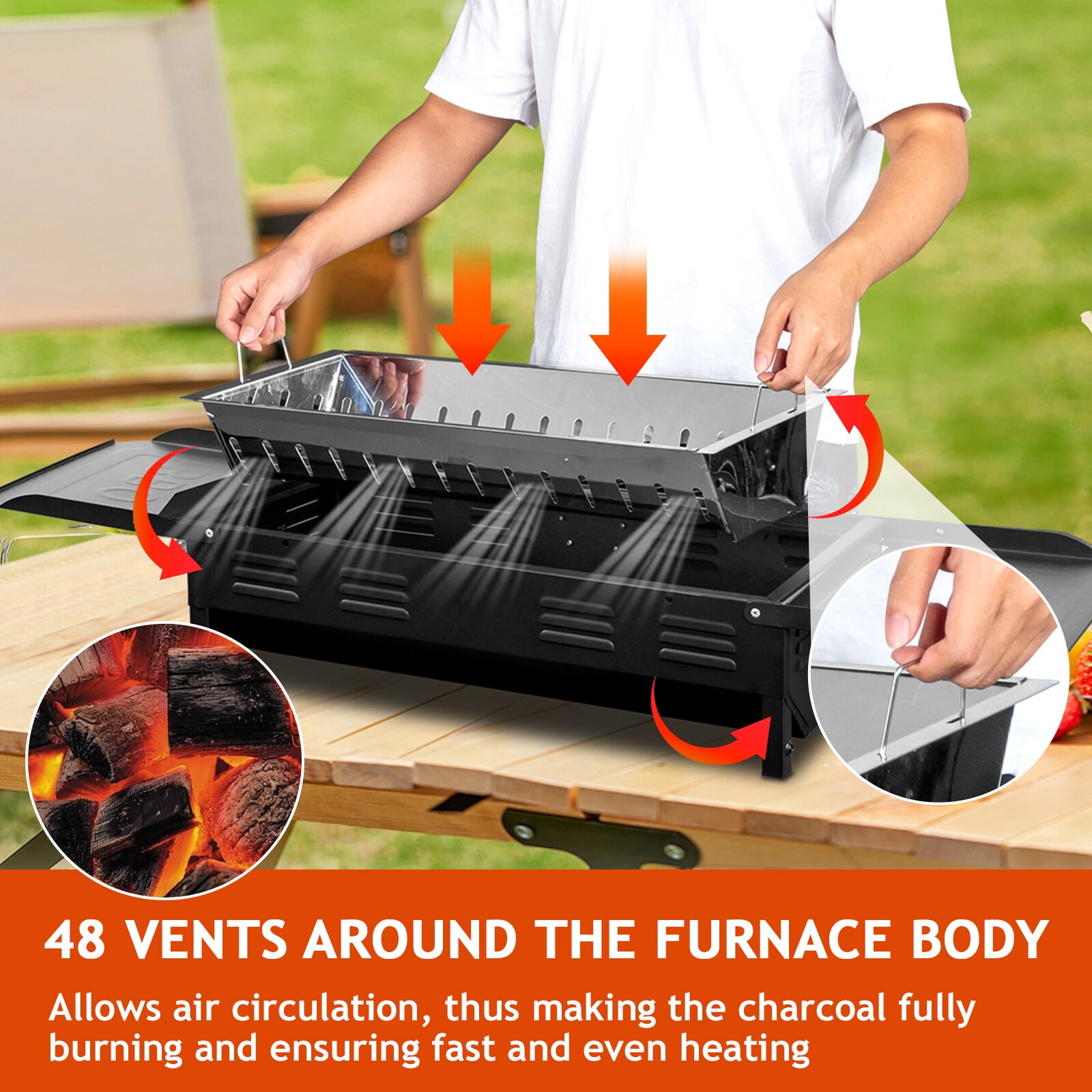 Portable Outdoor Charcoal Grill Foldable Kabob Barbecue Grill w/ Storage Holder