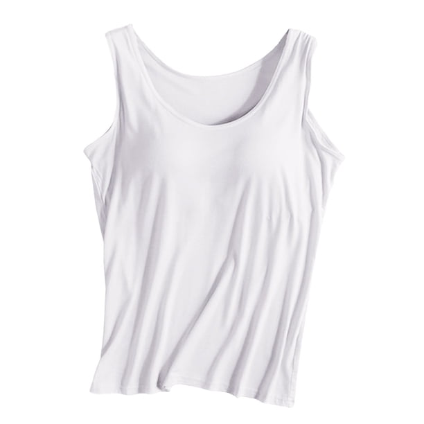 Camiseta deportiva sin mangas de color liso para yoga para mujer: almohadilla en el pecho, sin aros, tirantes anchos, camiseta sin mangas informal, cuello redondo, ropa de verano