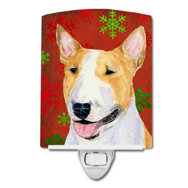 Caroline's Treasures SS4703CNL Bull Terrier Red and Green Snowflakes Holiday Christmas Ceramic Night Light, 6x4x3",