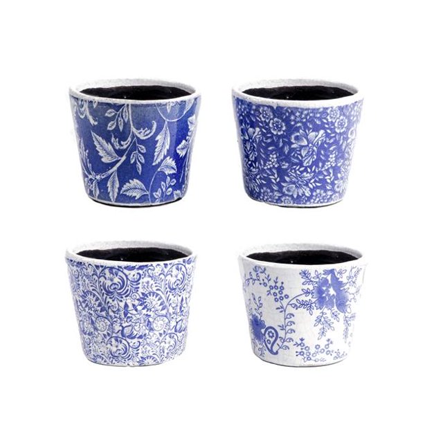 Collection Tendances Urbaines 55710-AST Céramique Pot Rond avec Absract Corps Motif&44; Bleu & Blanc - Lot de 4