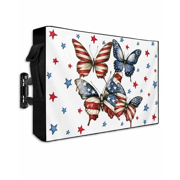 Independence Day Outdoor TV Cover 52 to 55 Inch Weatherproof, 4th of July American Flag Butterfly 600D Oxford TV Covers with Waterproof Zipper, Outside Flat TV Screen Protector Size 52"Wx19"Hx4.5"D