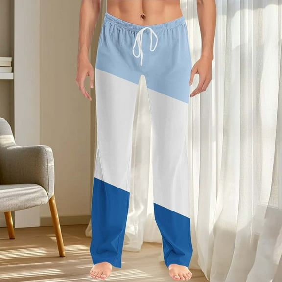 Qulqfy Women's Pants Lounge Blue Baggy Pants Wide Leg Color Block Elastic Waist Pull On Pants for Women