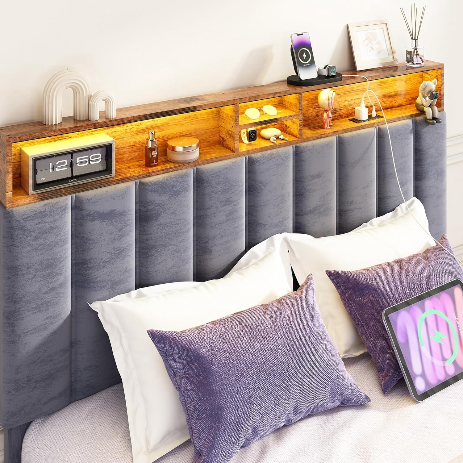 Sersper Full Size Platform Bed Frame with Storage Upholstered Headboard, Built-in Charging Station & RGB LED Lights, Noise-Free, Easy Assembly, Gray