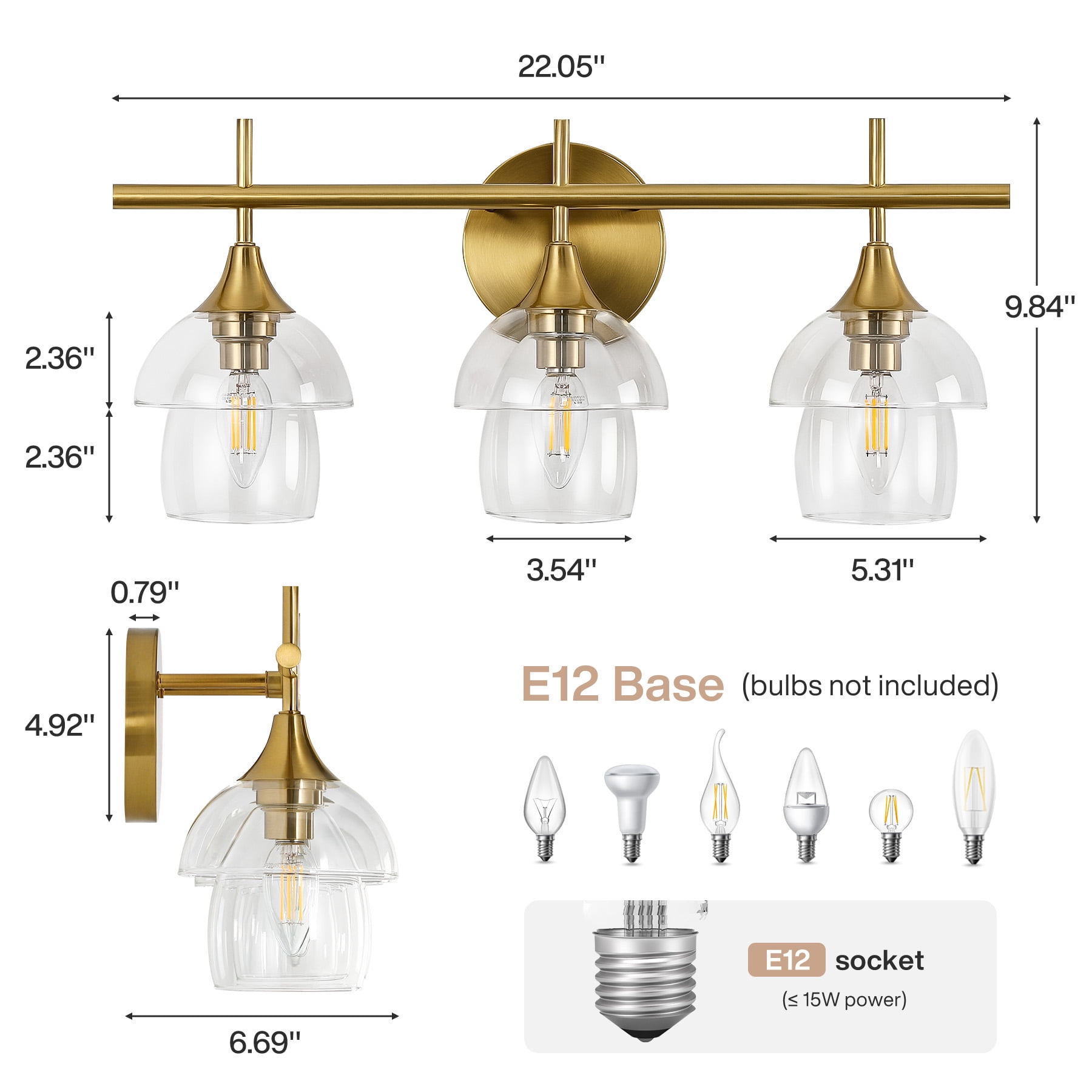 Fnova 3-Light Bathroom Vanity Light with 2-Tier Clear Glass Shade, E12 Base, Anti-Rust Finish for Bathroom Vanity Bedroom
