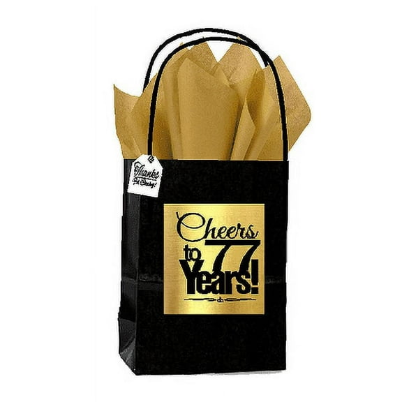 Black & Gold 77th Birthday / Anniversary Cheers Themed Small Party Favor Gift Bags with Tags -12pack