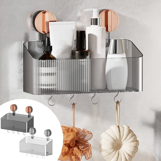 Estantería de almacenamiento con ventosa dorada en la pared - Organizador de baño de plástico transparente con metal oro rosa, 11,8x4,33x5,1 pulgadas, sin instalación de taladro