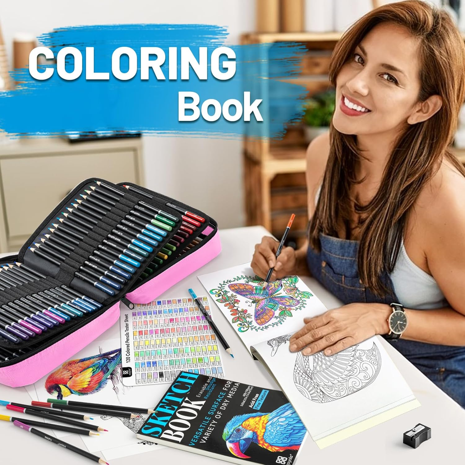 136 Pack Colored Pencils Set with Portable Gift Case, Art Supplies 120 Colored Pencils, 3-Color Sketch Book, Coloring Book, Sketchbook, Sharpener, Professional Drawing Pencils for Adults Kids(Pink)