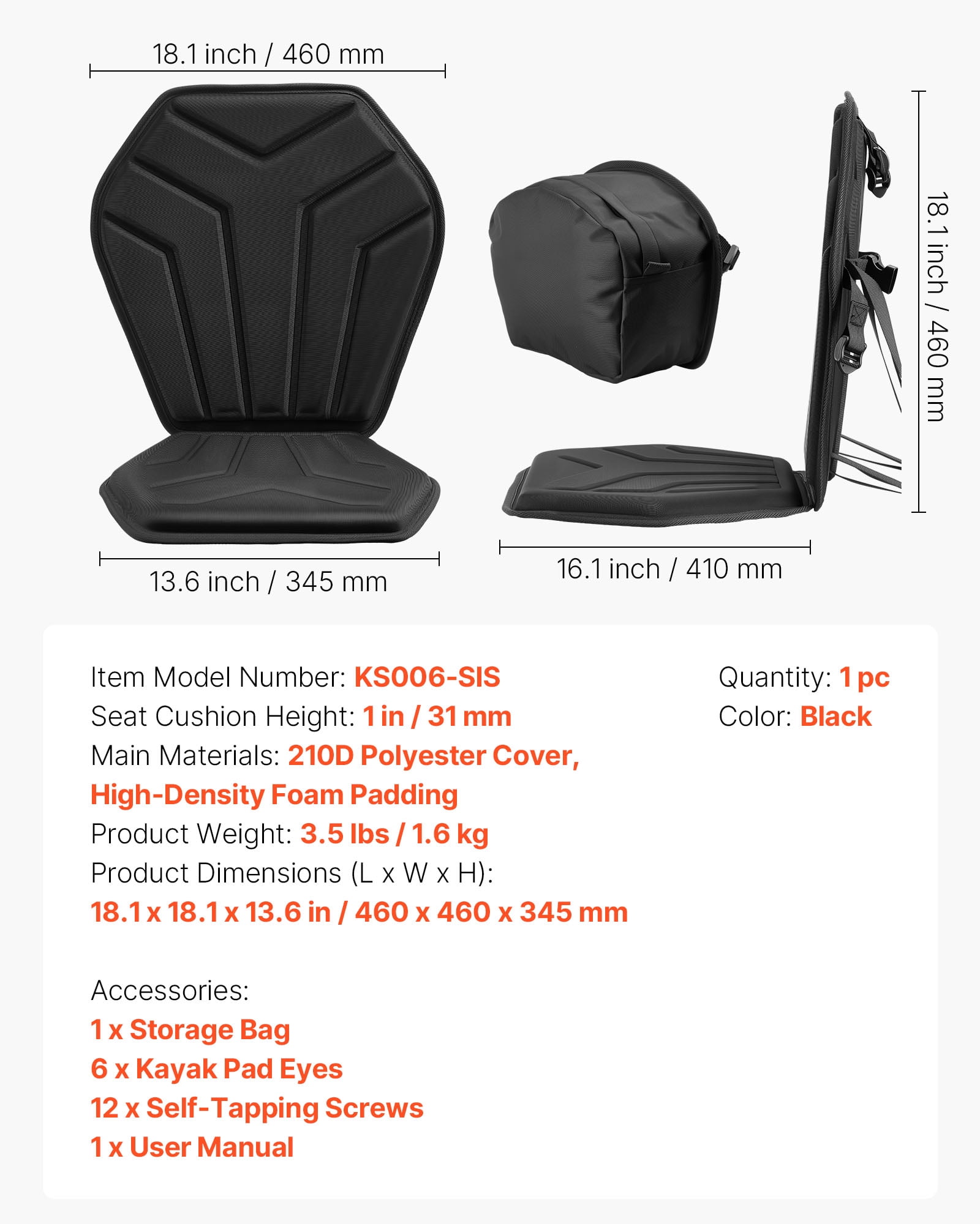VEVOR Kayak Seat, 1 Pack 1" Thick, Universal Paddle Board Seat with Back Support, Hexagonal Sit-on-Top Soft Padded Cushion with Storage Bag & Adjustable Straps for SUP, Fishing Boat, Inflatable Kayak