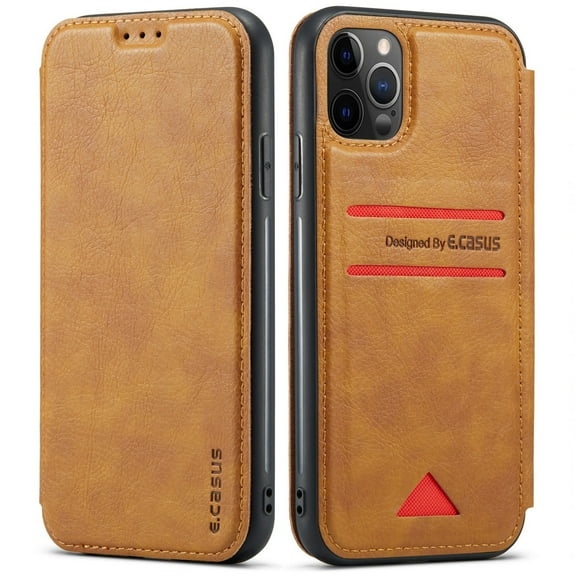 Casus Back Wallet Thin Two Tone Card Holder Slim Flip Cover Case for iPhone 12 Pro Max - Brown