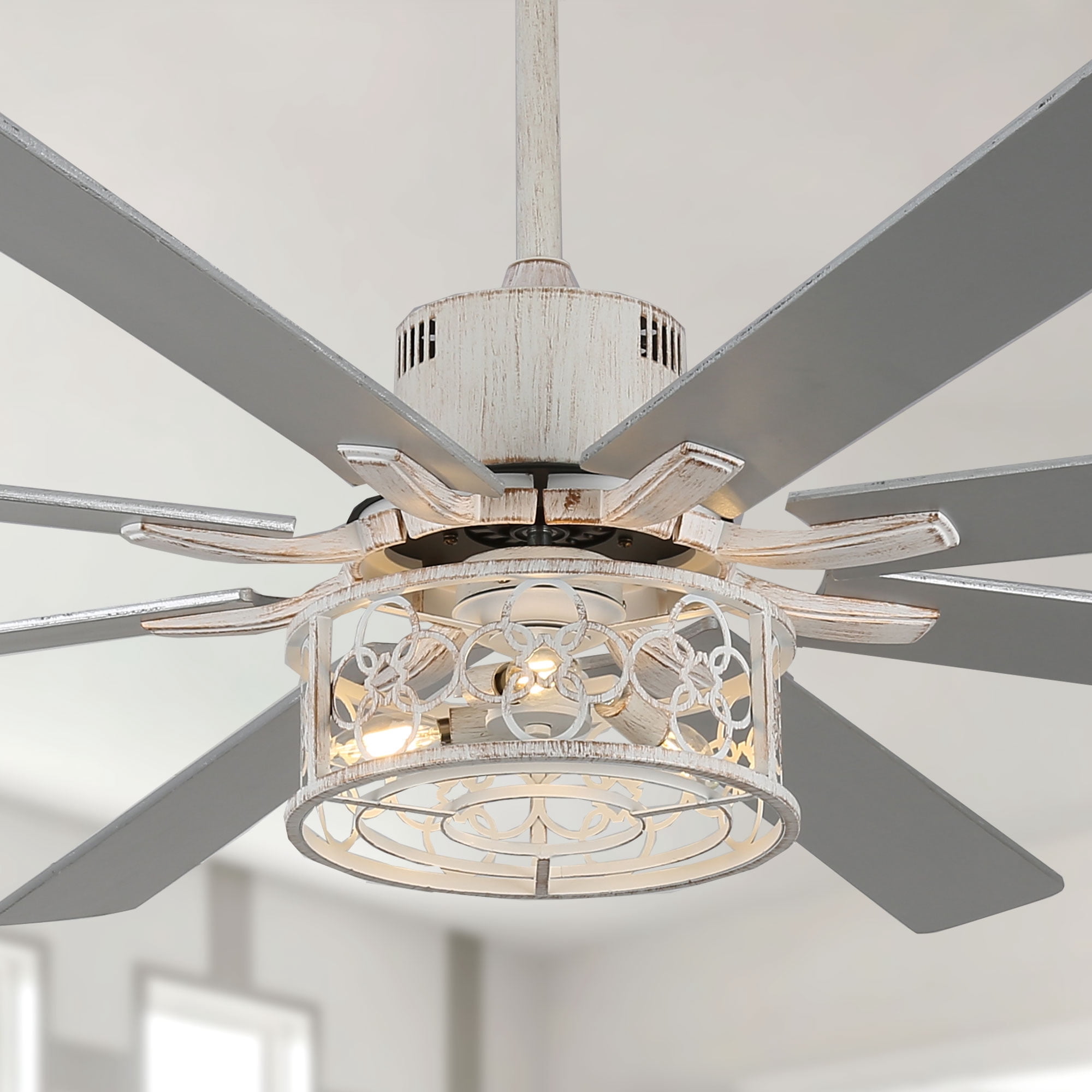 Bella Depot 72" Ceiling Fan 6-speed Farmhouse Metal Cage 3-Light Chandelier with Remote