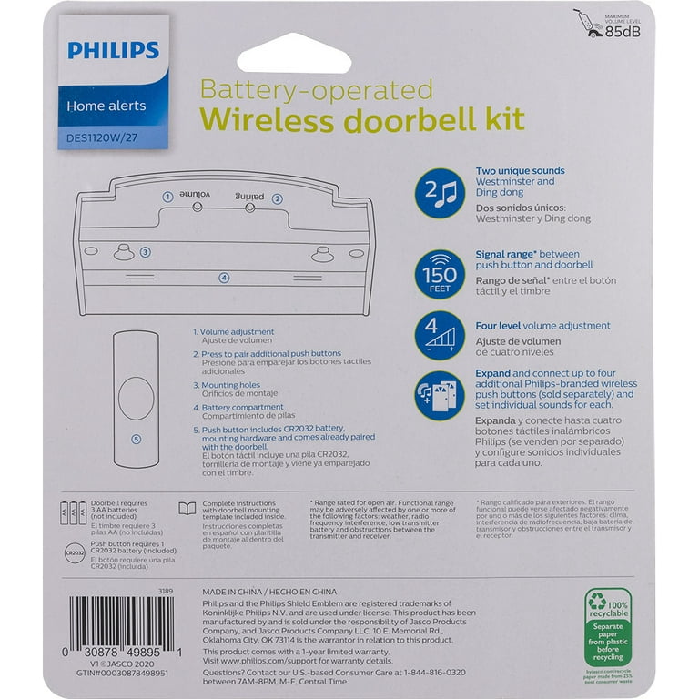 Philips Battery-Operated Wireless Doorbell Kit w/ 4 Level Volume Adjustment