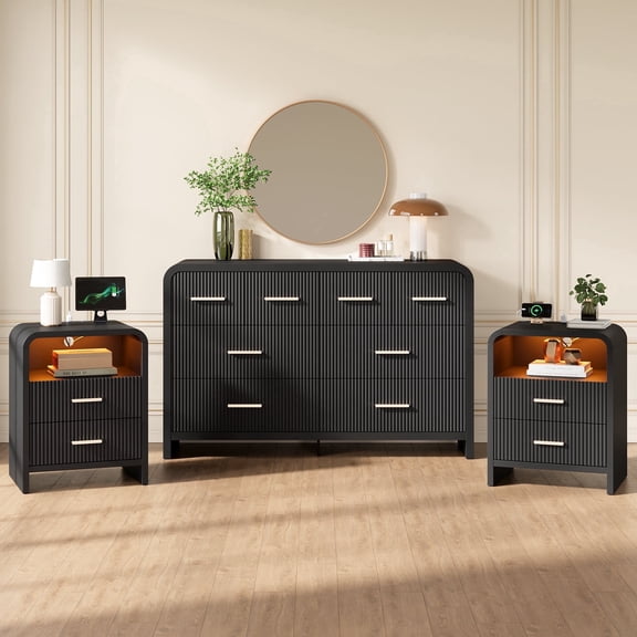 HUJAUU 3 Piece Modern Dresser and Nightstand Set, 8-Drawer Fluted Dresser & 2-Drawer Curved Nightstand Set of 2 with LED & Charging Station, Black