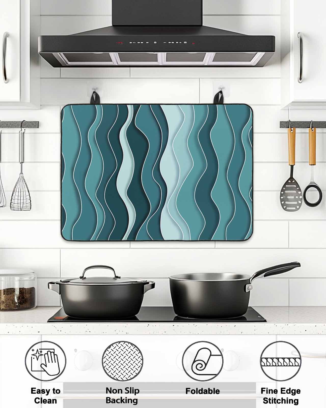 Stove Top Covers for Electric Stove, Abstract Turquoise Moire Glass Stovetop Cover Protector, Gradient Coastal Ocean Geometric Induction Cooktop Protector Oven Mat for Kitchen Countertop 36"x21"