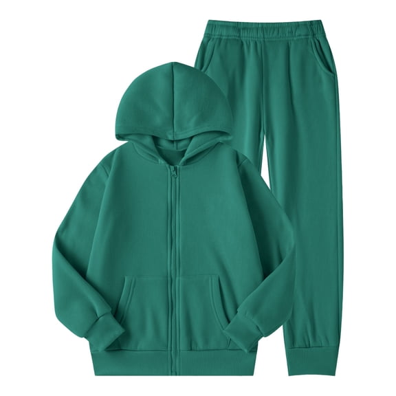WOYY Girls Outfits Solid Color Fleece Lined Zip Up Hoodie Pants Set for Kids, Sizes 9-10