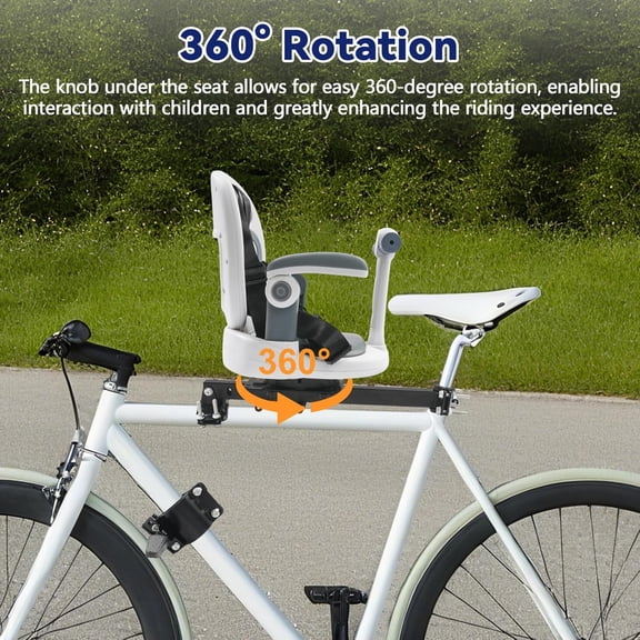 Front Mount Bike Seat 360° Rotatable Bicycle Seat for 9M-8Y 88lbs Capacity with Safety Belt & Foldable Footrest Easy Install on Most Mountain Bikes Light White