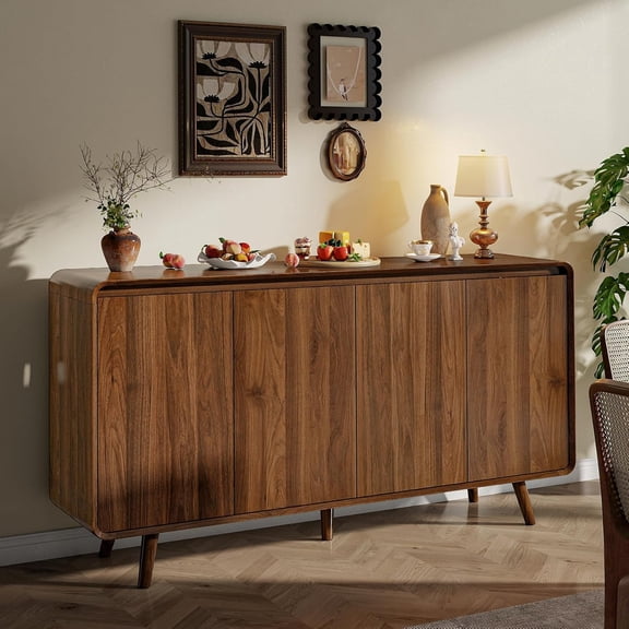 Mid Century Modern Buffet Cabinet with Storage, 55 Inch Sideboard Credenza with Doors & Shelves Console Coffee Bar Table for Living Room, Kitchen, Dining Room and Hallway, Walnut$$Furniture
