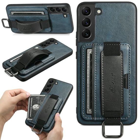 Feishell Case for Samsung Galaxy S22 Plus (6.6 inch),Shockproof Retro PU Leather Credit Card Pocket Holder Portable Metal Ring Wristhand Strap Kickstand Anti-Scratch Slim Phone Case,Blue