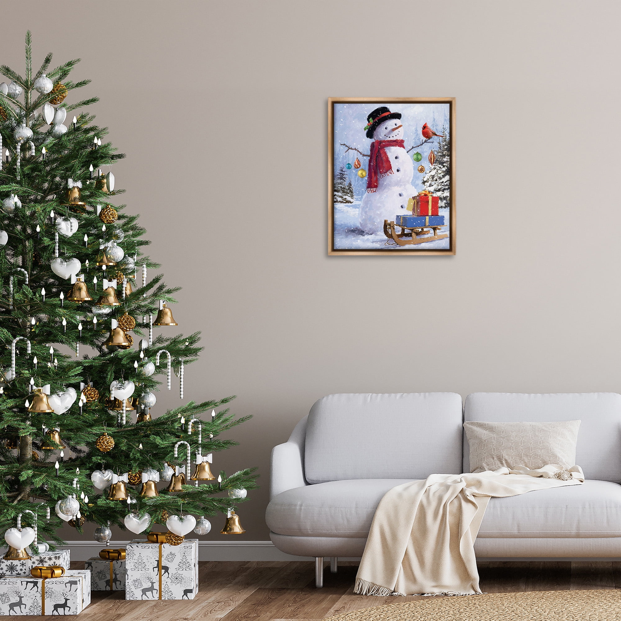Stupell Industries Snowman with Gift Sled Landscape Painting Brown Floater Framed Canvas Art Print Wall Art, 25 x 31