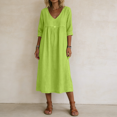 thumbnail image 4 of Summer V Neck Midi Dress for Women 3/4 Sleeve Solid Cotton Linen Dresses Casual Loose Beach Vacation Dresses with Pocket, XL, 4 of 6