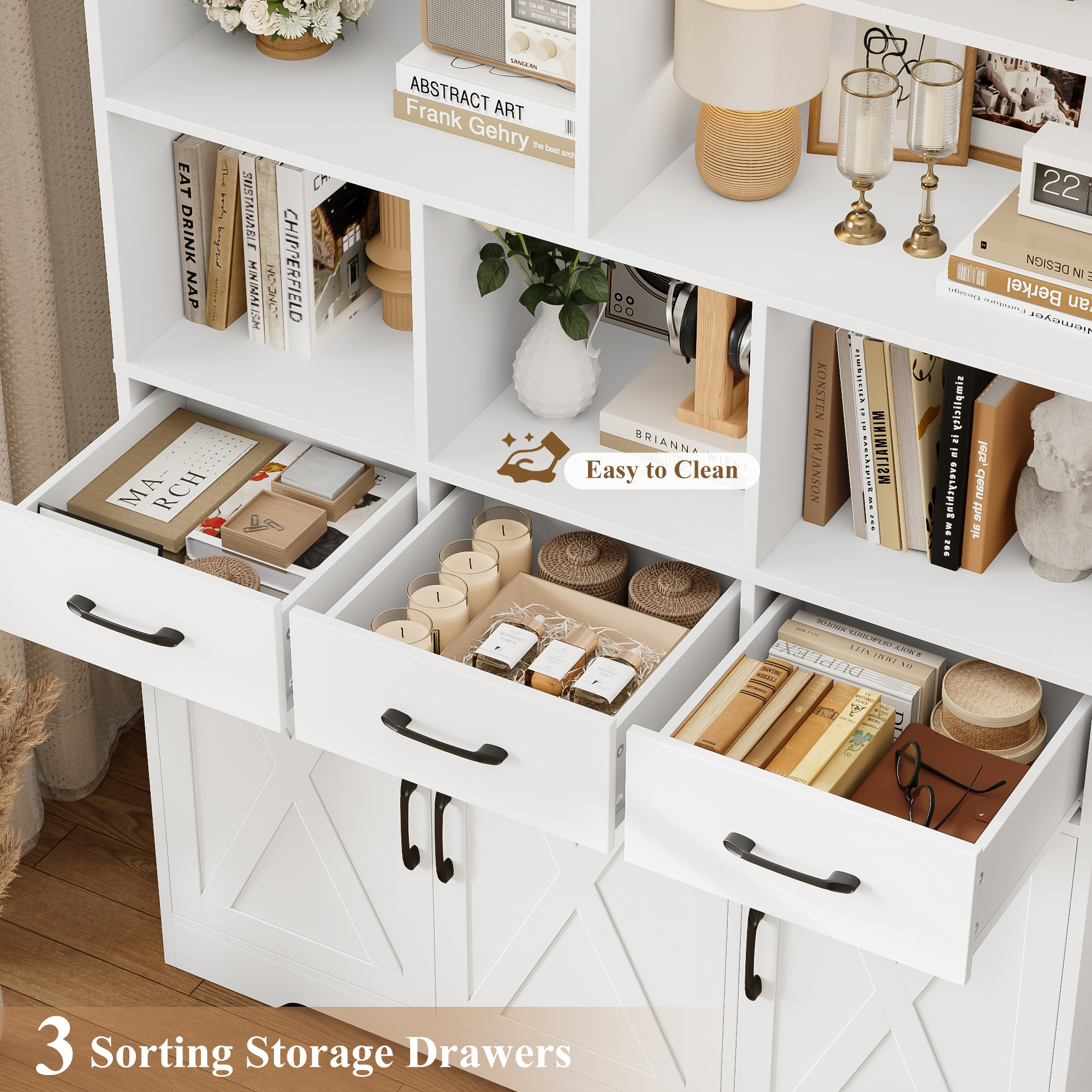 Hiphuta 71" Tall Bookcase with 3 Drawers and Doors, 43" Wide Farmhouse Bookcase with 8 Open Compartments for Office Living Room, White