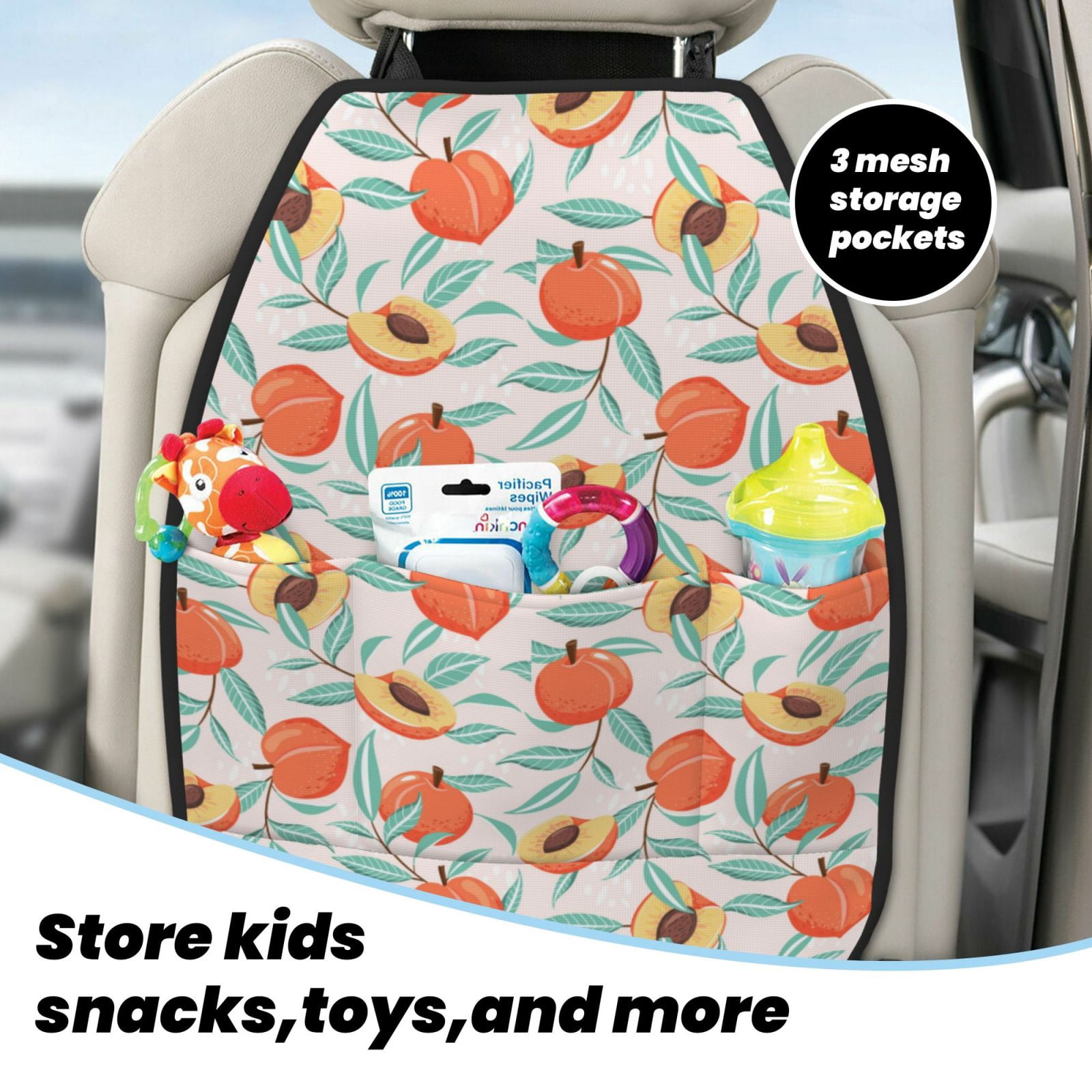 Xecao Peach Pattern Car Seat Back Protector 2 Pack Large Capacity Pocket, Kick Mats Back Seat Protector