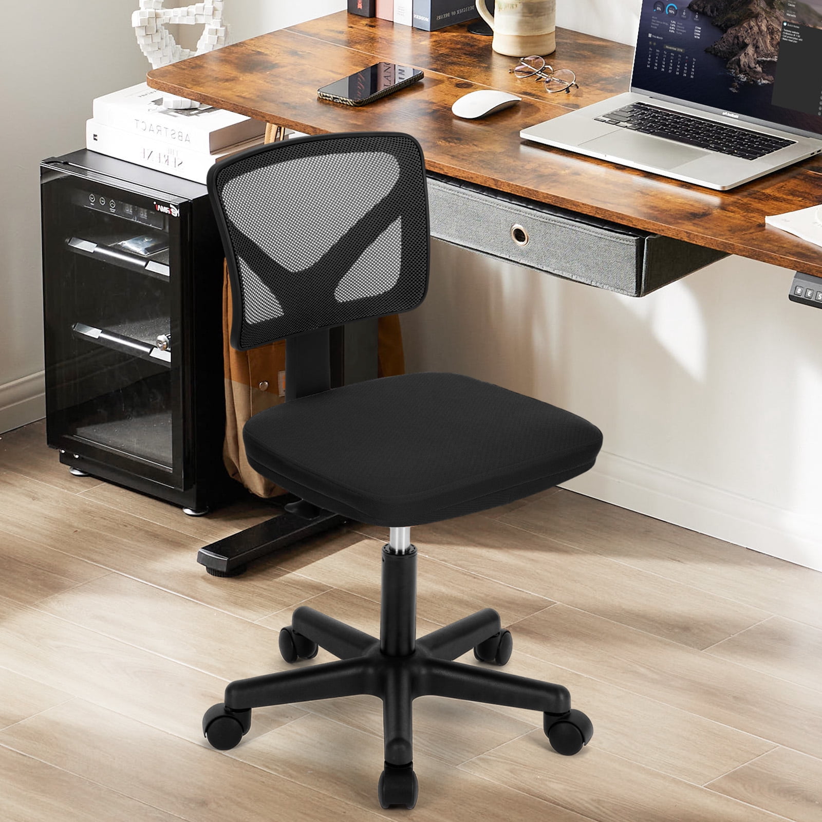 JOINSUN Armless Desk Mesh Office Chair, Adjustable Height Ergonomic Low Back Vanity Task Desk Chair with Wheels,Black
