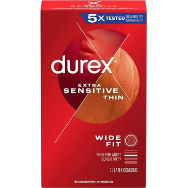 Durex Extra Sensitive Lubricated Ultra Thin Premium Latex Condoms, Wide Fit, 12 Count