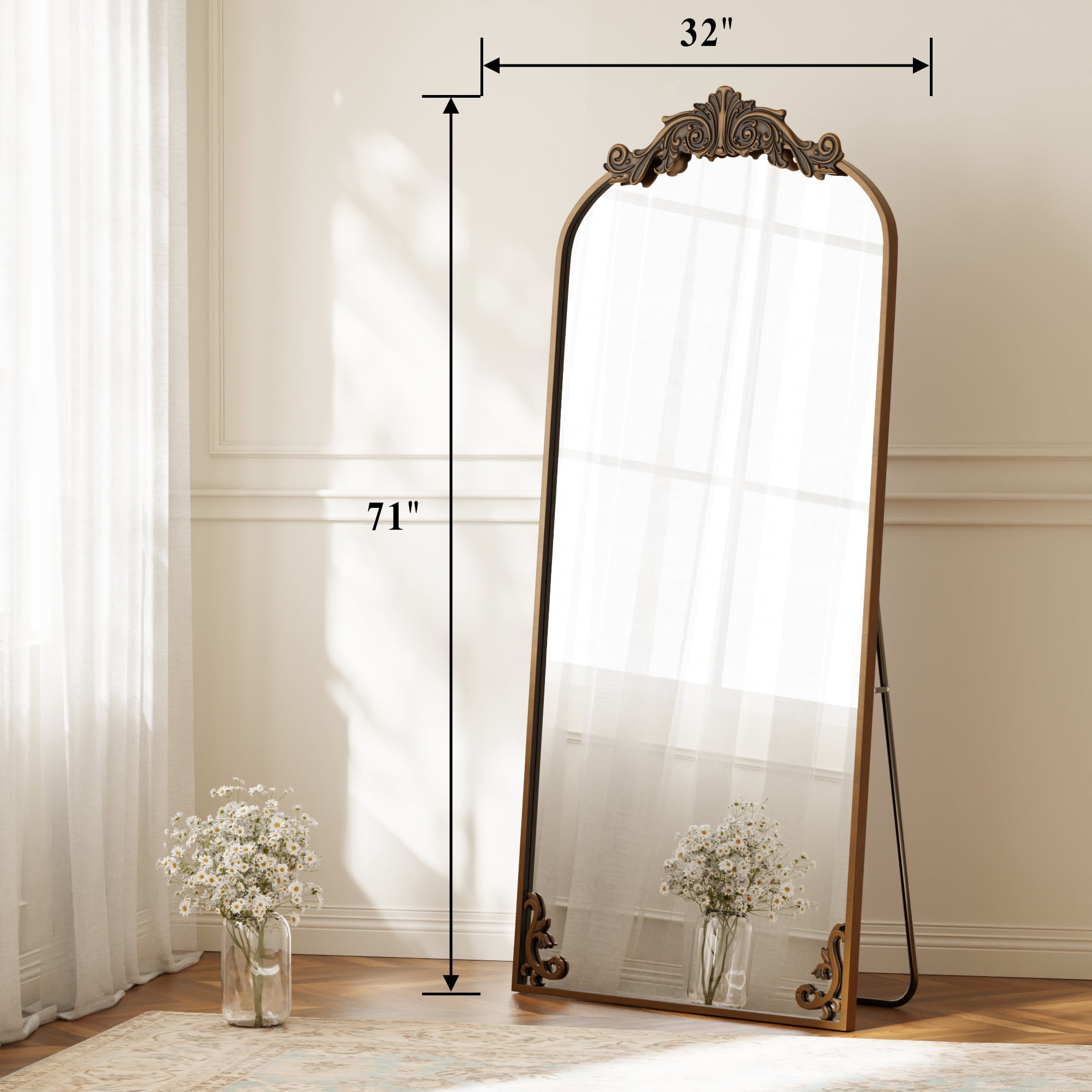‌Auromir‌ 32"x71" Vintage Arched Full Length Mirror Antique Metal Floor Mirror with Baroque Style, Antique Bronze