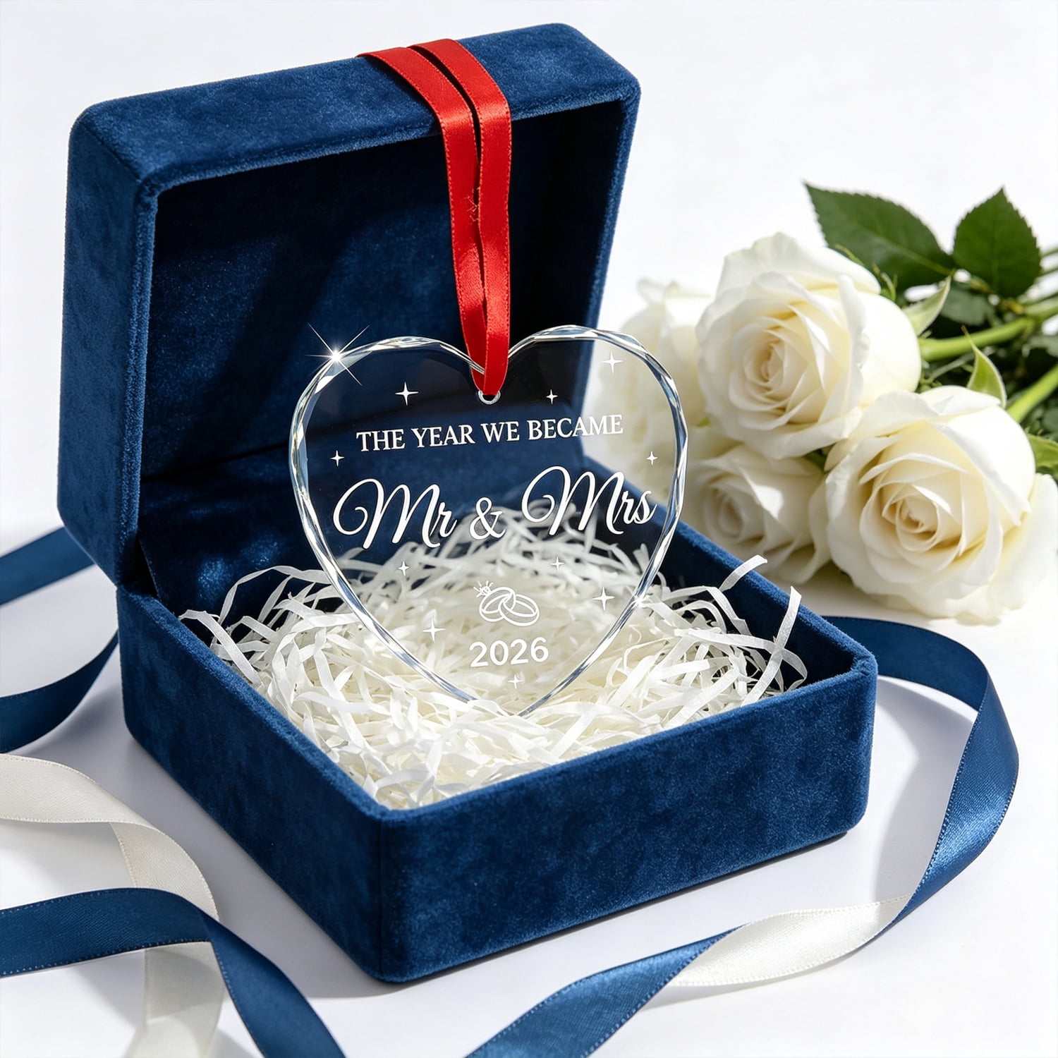 2026 Mr & Mrs Heart Crystal Ornament Wedding Gift for Couples Bridal Shower Present Christmas Tree Hanging Decoration Anniversary Keepsake