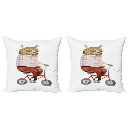 Funny Throw Pillow Cushion Cover Pack of 2, Cartoon Bear Dressed up in Hipster Clothes Riding a Bike Watercolor Urban Character, Zippered Double-Side Digital Print, 4 Sizes, Multicolor, by Ambesonne