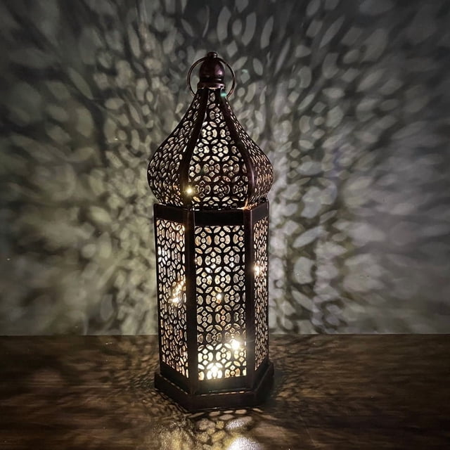 Farolillo marroquí pequeño de metal, 27,2 cm, color negro | Candelabro marroquí para exterior, jardín o mesa | Faroles para velas | Decoración oriental para el hogar