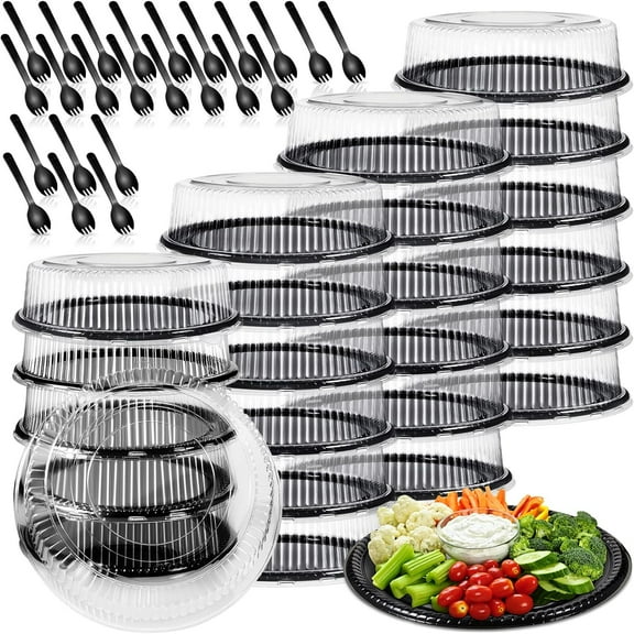 24 Pack 12 Inch Heavy Duty Serving Tray with Clear Lid and Sporks, Large Plastic Tray with Elegant Platter Round Black Disposable for Fruit Sandwich Party Takeout Food Catering Picnic