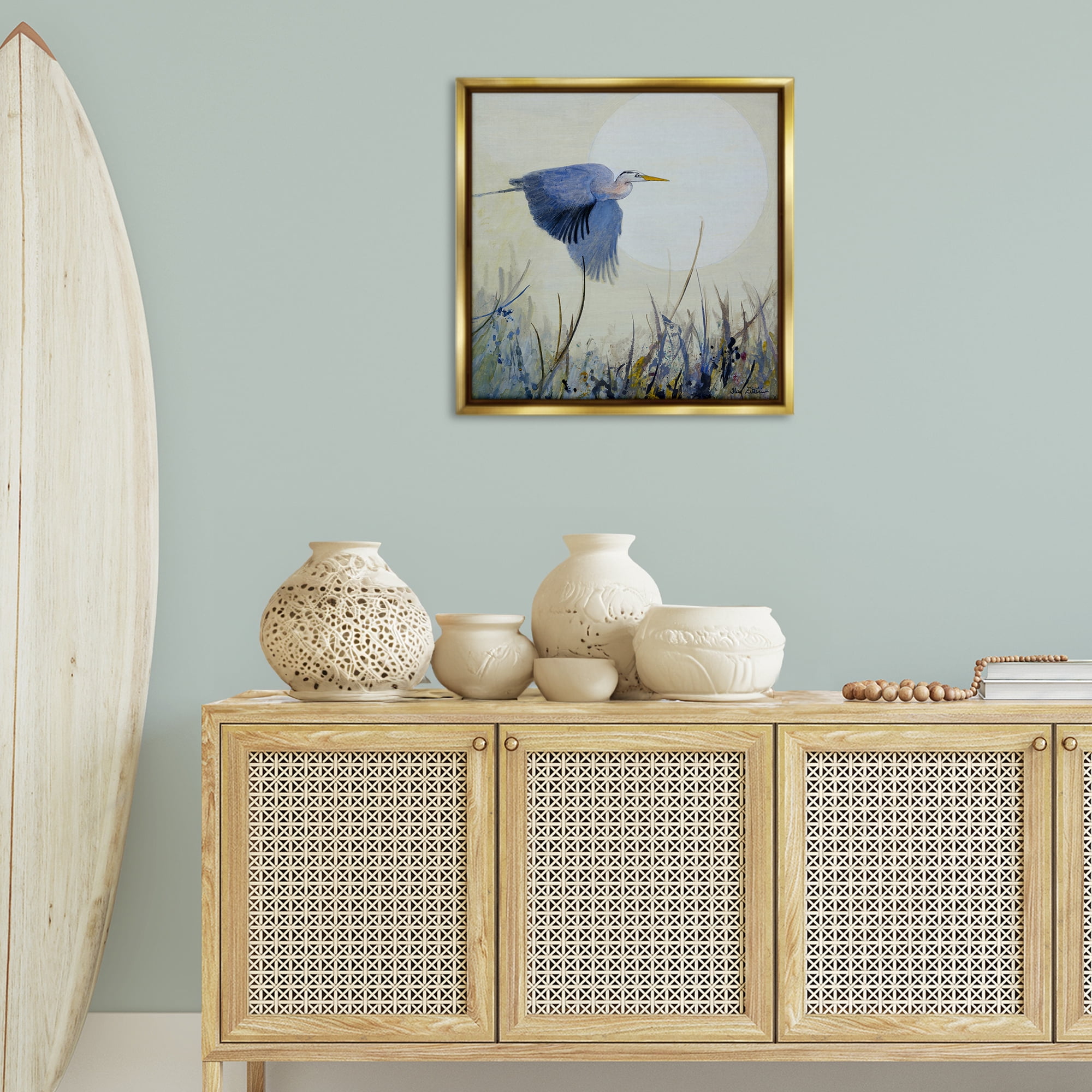 Stupell Industries Full Moon & Heron Birds Painting Gold Floater Framed Canvas Art Print Wall Art, 25 x 25