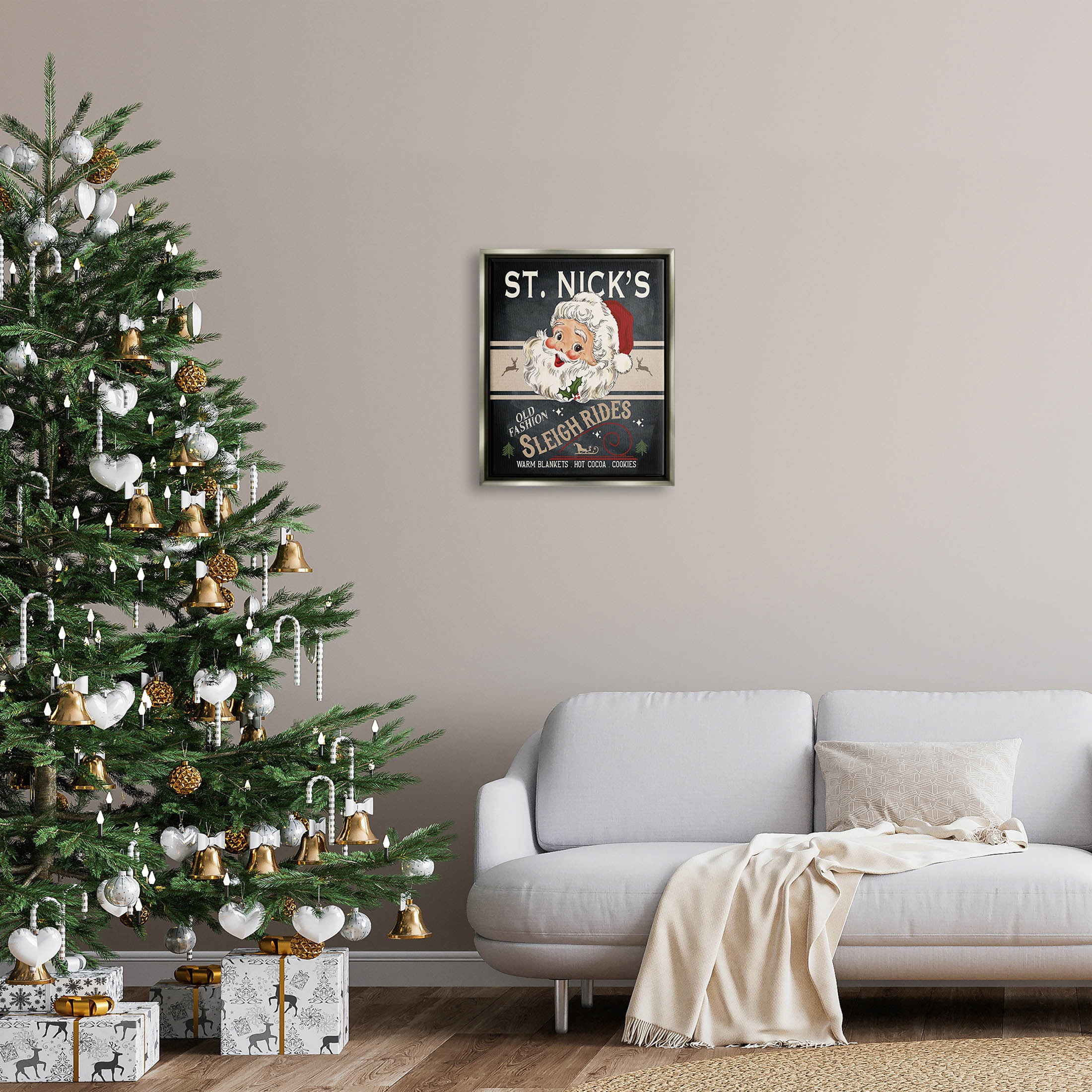 St. Nick's Sleigh Rides Vintage Style Sign Holiday Graphic Art Luster Gray Framed Art Print Wall Art