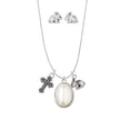 thumbnail image 3 of Silvertone Small Cream Imitation Pearl Silver Tone Cross and Bunny Necklace and Earrings Set, 3 of 5
