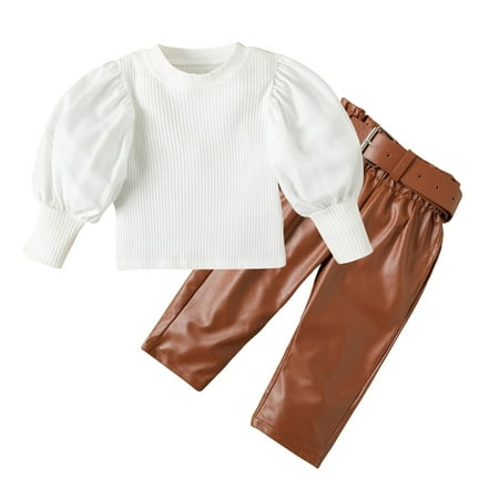 

YYDGH Toddler Kids Baby Girls Puff Sleeve Ribbed Top+Leather Pants with Belt 3pcs Girl s Fashion Outfits Clothes Set(White 5-6 Years)