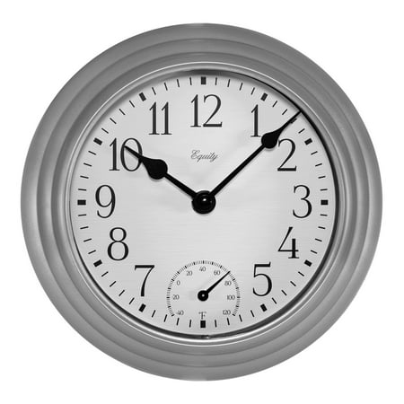 Equity 8 Inch Indoor/Outdoor Basics Quartz Analog Wall Clock with Temperature, Metallic Silver, 29007