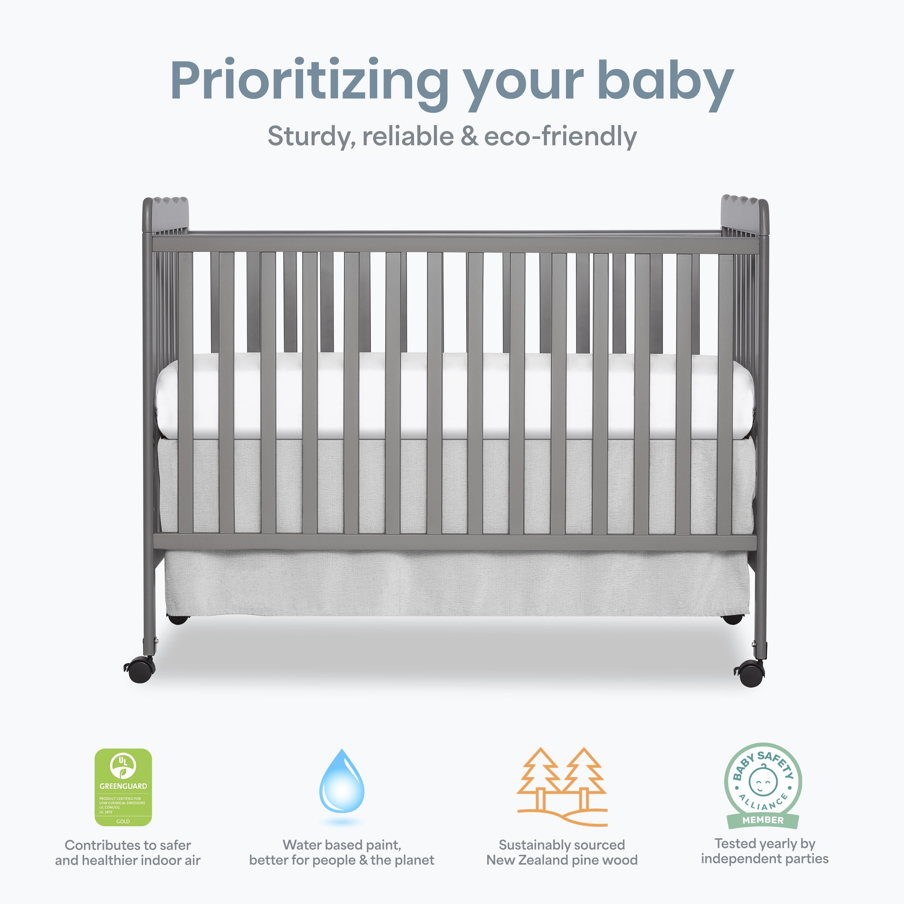 Dream On Me Carson Classic 3-in-1 Portable Crib in Steel Grey, Removable Wheels, Converts from Baby Crib to Toddler Bed, Day Bed and Kids Sofa, Three Adjustable Mattress Height Positions