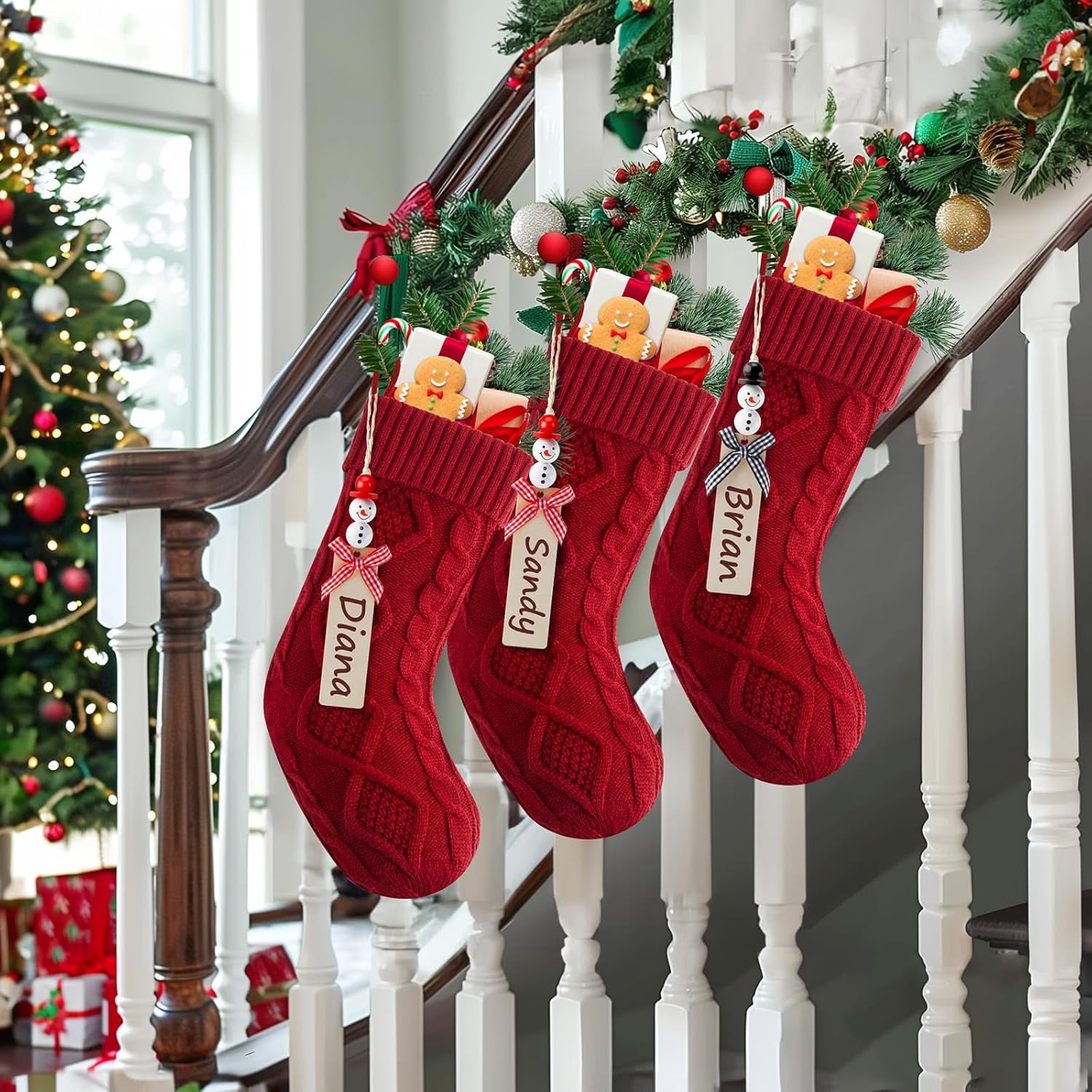 Dalrosia Personalized Christmas Stockings - 18 Inches Hanging Stockings with DIY Snowman Name Tags, 4PCS Large Size Knitted Stockings for Mantels, Christmas Tree Family Holiday Decor