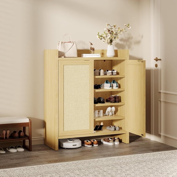 Rattan Shoe Cabinet for Entryway, Wooden Shoe Storage Cabinet with Adjustable Shelves, Freestanding Shoe Rack with Guardrail Top for Hallway, Light Oak