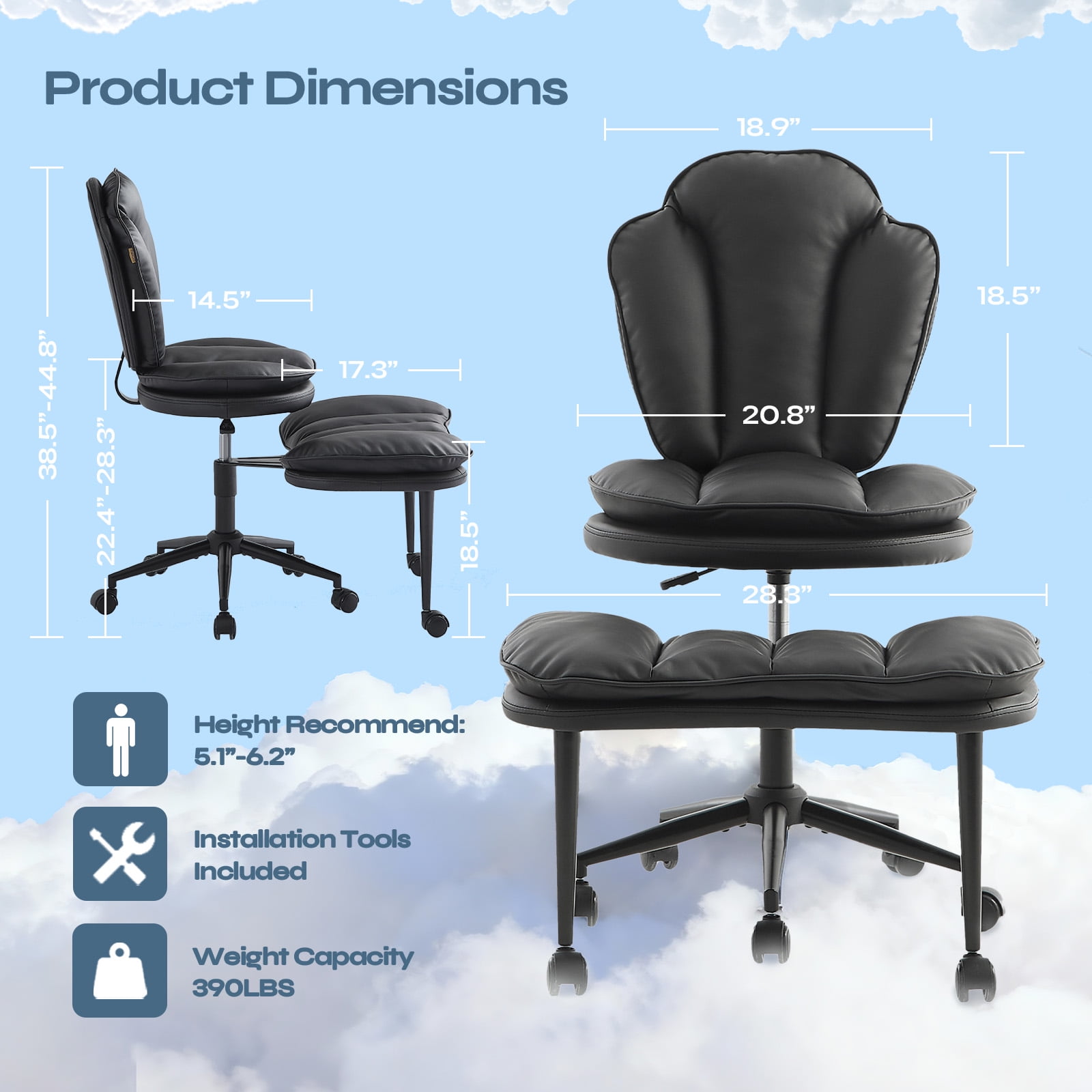 Pinmoco Ergonomic Cross Legged Chair, Cloud Comfort Wide Seat Desk Chairs for Adhd,Meditation ,Yoga and Home Office with Strong Lumbar Support, Black