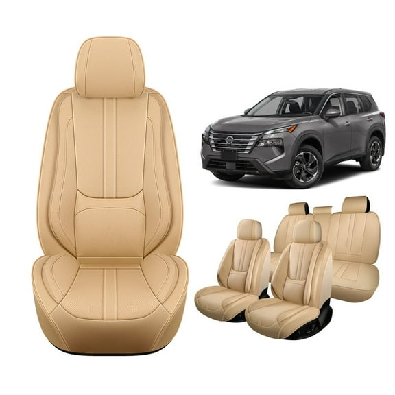 Car Seat Covers Full Set for Nissan Rogue 2021-2025,Breathable Faux Leather Luxury Automotive Interior Accessories with Lumbar Support Beige