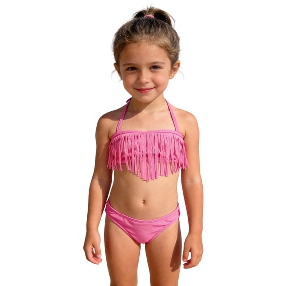 Weebloom Little Girls Swimsuit Two Piece Teen With Fringe Detail Comfortable Fit Beach Pool Party Bathing Suit Swimwear Pink Size 8-9 Years